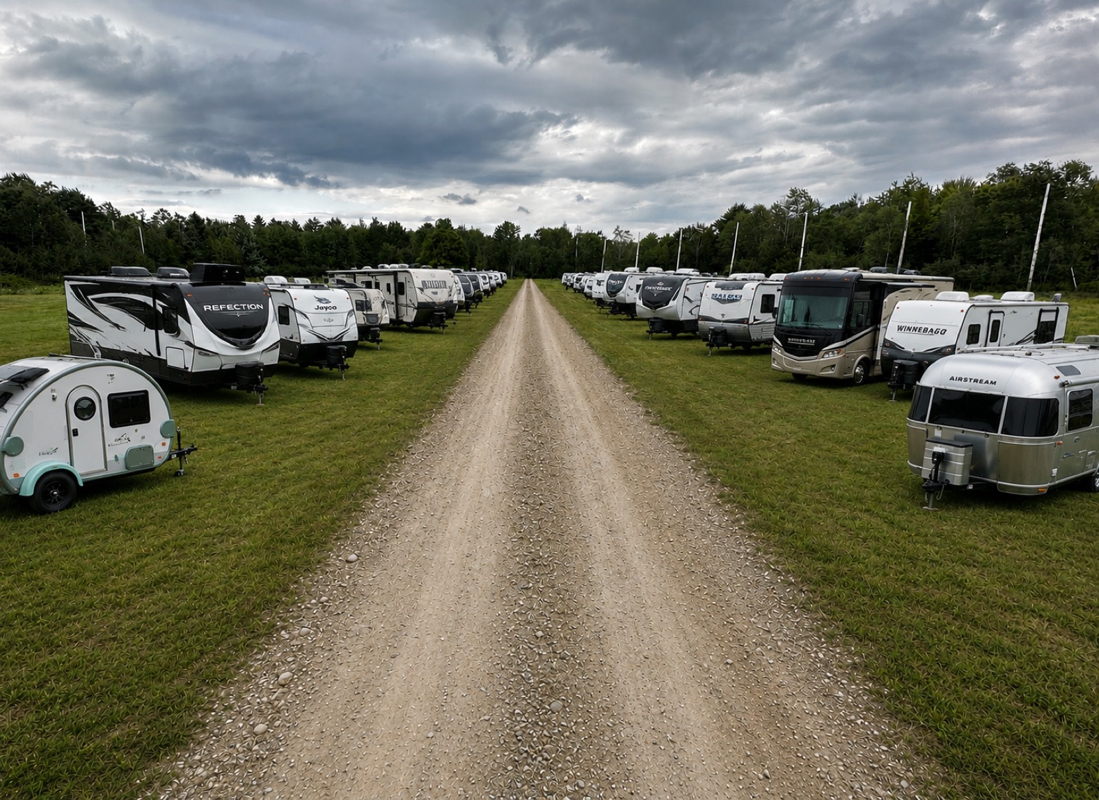 Aerial view of RVs parked in two rows along a gravel road at the Outpost Outfitters storage lot in Gray, Maine
